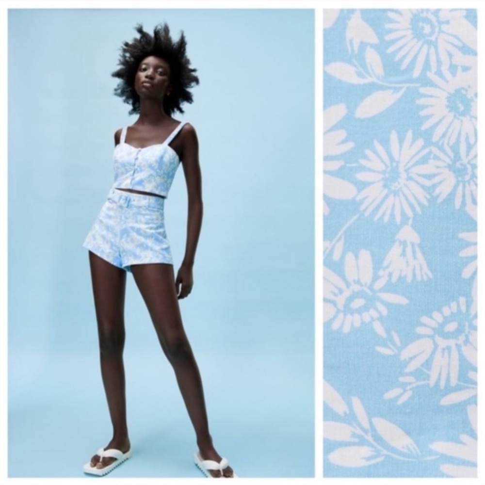 Zara Blue Floral Set: High Waist Shorts with Cropped Top
